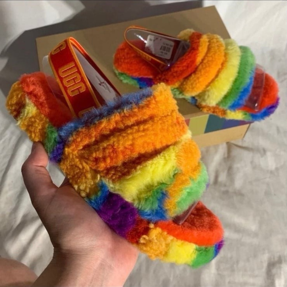 Ugg Australia Fluff Yeah Slides Cali Collage Rainbow Pride Womans 6.5